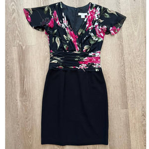 Peter Nygard Size 4 V Neck PInk Floral A Line Black Dress